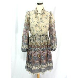 Vintage Sheer Floral Keyhole Boho Long Sleeve Midi Knee Length Dress S 1970s